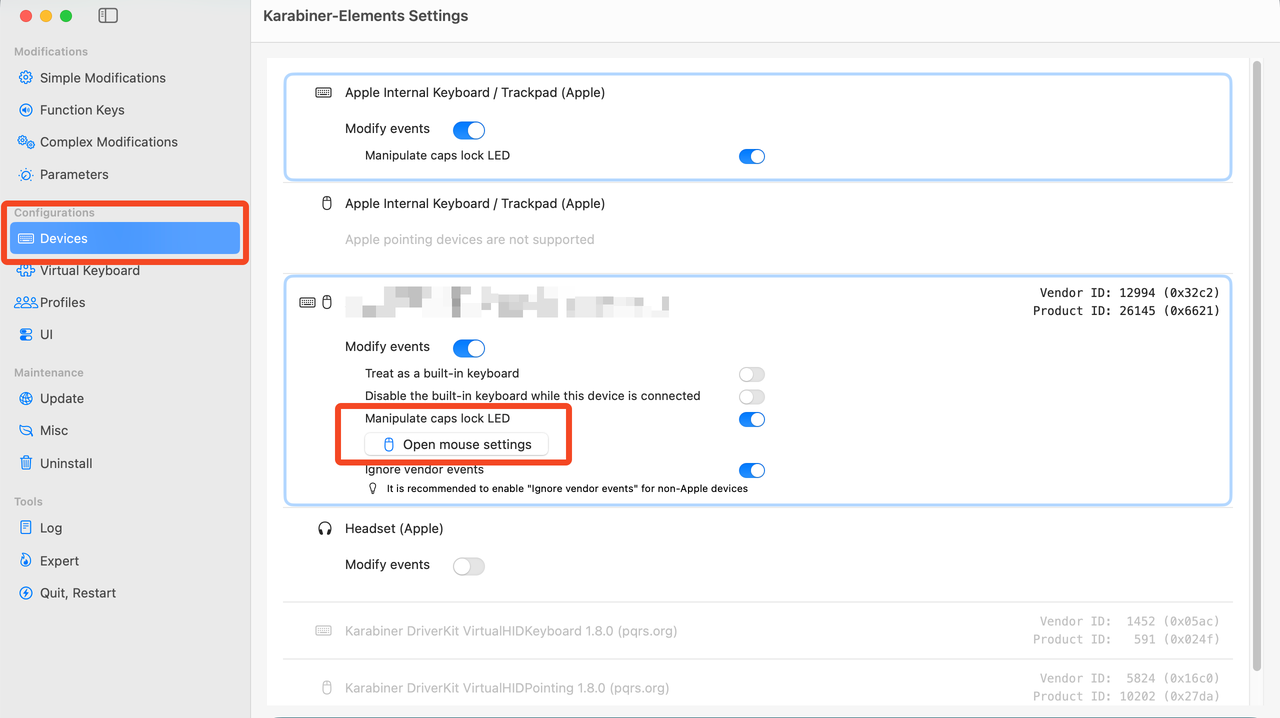 Karabiner-Elements Devices Tab