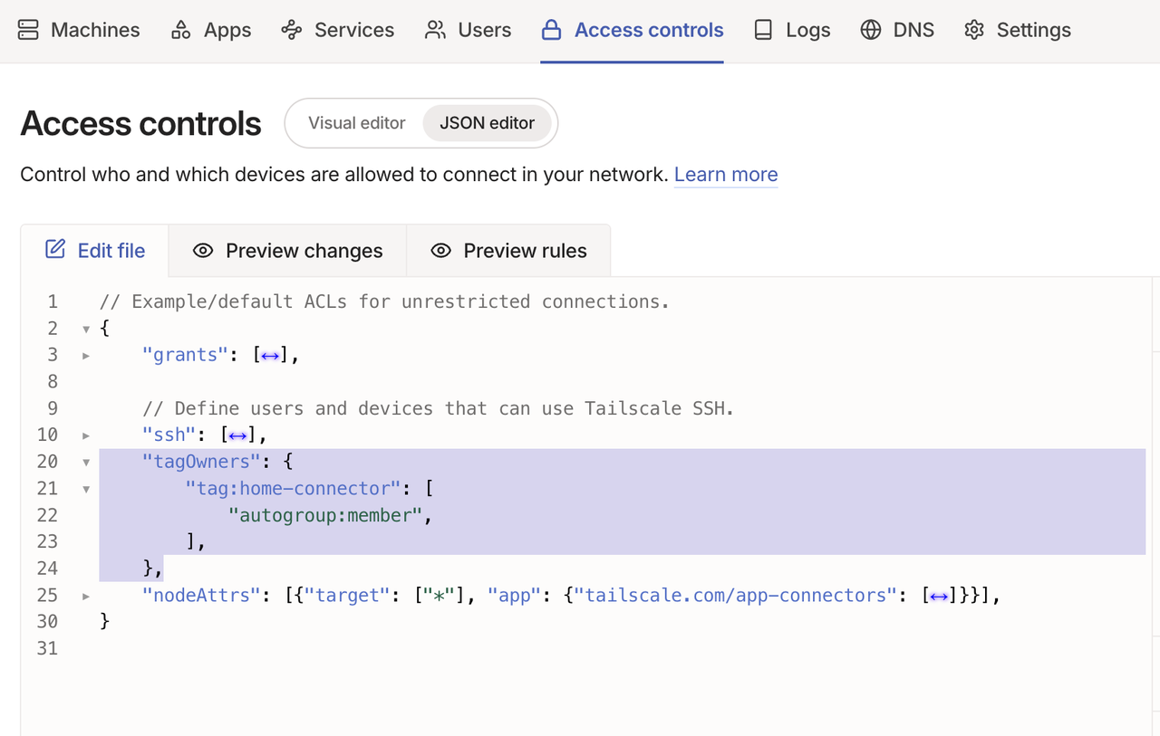 tailscale app connector acl